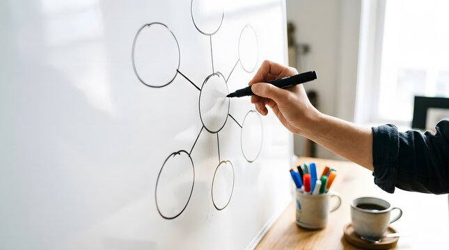 Hand drawing a mind map diagram on a white board for business strategy and planning