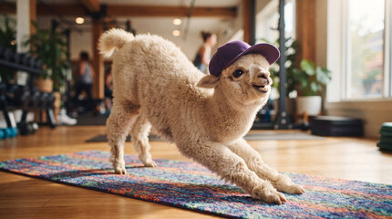 Fototapeta premium Adorable alpaca wearing a baseball cap doing yoga in a gym