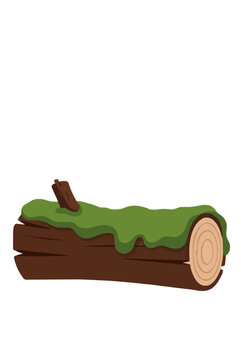 Hand-drawn vector illustration of a moss-covered wooden log resting on a doorstep, featuring a small twig stump, detailed bark texture, and vibrant green moss cap on brown timber