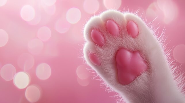Close up of cute pink cat paw with toe beans on glowing pink bokeh background