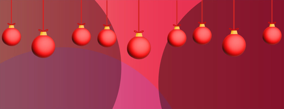 Multiple red spherical ornaments are suspended against a dynamic reddish-purple gradient background featuring subtle wavy patterns. The composition creates a festive and modern decorative ambiance.