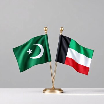 Pakistani and Kuwaiti flags on a stand. Diplomatic symbols of cooperation and international relations.