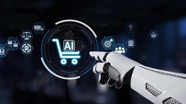 A futuristic robotic hand points to a digital shopping cart, representing the integration of AI technology in e-commerce. The modern business landscape showcases innovation and interaction. Synapse