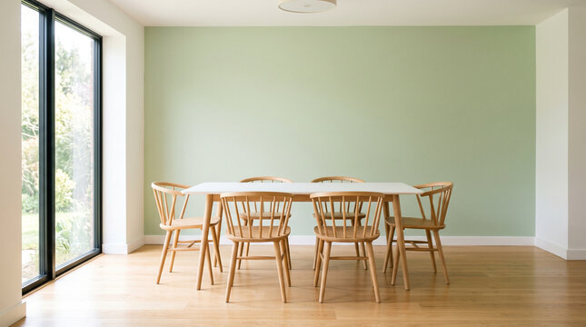 Minimalist Dining Room with Wooden Table and Chairs Against Green Wall
