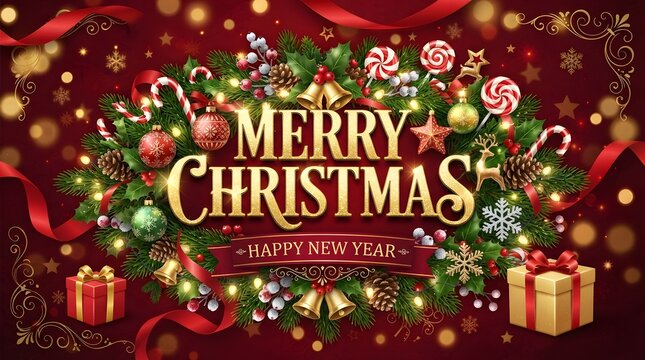 Festive christmas background with ornaments gifts and a merry christmas message