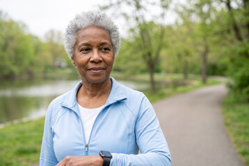 Fototapeta premium Senior woman in light blue jacket with smartwatch on park path by pond