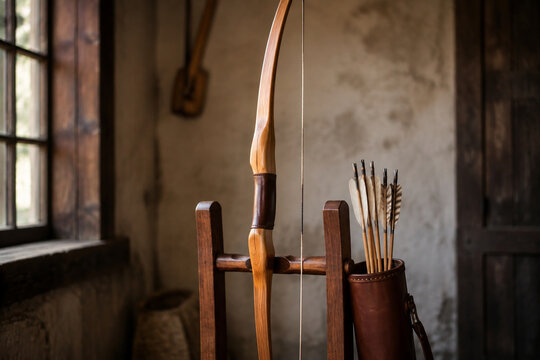 A tall longbow standing upright on a wooden rack with a quiver of arrows beside it.