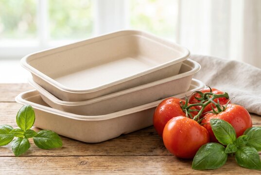 Stack of plain biodegradable food containers alongside fresh red tomatoes on the vine and basil leaves