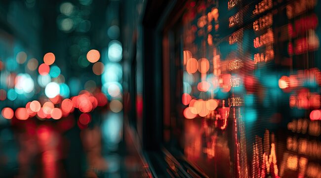 Blurry city lights and a glowing stock market ticker reflect on wet pavement