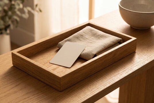 Rectangular wooden tray holding a folded linen cloth and a blank beige card on a console table