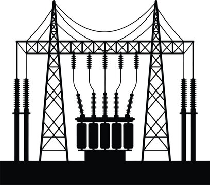 Black silhouette of a voltage electrical substation transformer with metal towers, insulators, and power lines isolated on a plain white background, for energy