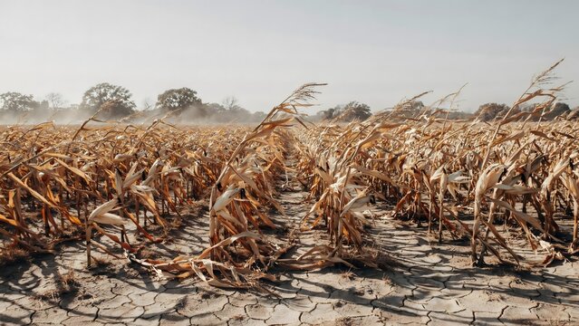 Dead drought-stricken crops on deeply cracked agricultural soil &ndash; Suitable for food security issues, climate impact, or farm crisis.