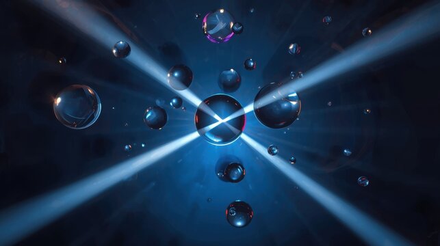 Glowing blue light beams intersect among floating transparent glass or glasslike bubbles of varying sizes in a dark mysterious environment creating an ethereal and futuristic