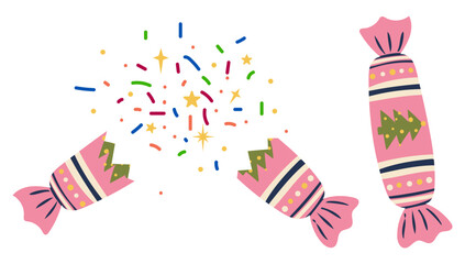 Obraz premium Festive Christmas candy crackers with colorful confetti, stars and decorative floral wrappers. Cheerful holiday vector illustration for party, celebration and seasonal designs