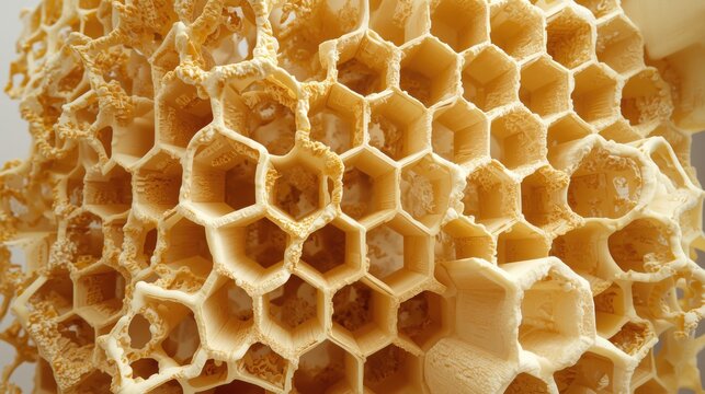 Close up of a honeycomb structure with intricate hexagonal cells showcasing natural empty and broken honeycomb patterns