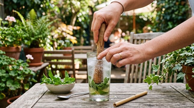 Person muddling mint and lime in a glass with ice for a refreshing summer cocktail outdoors