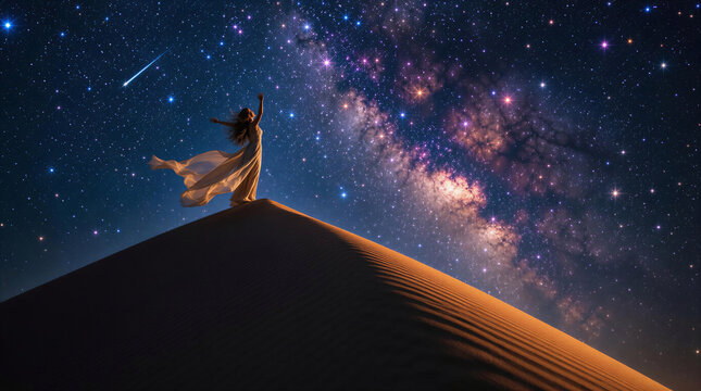 woman throwing her arms up in awe, embrasing the human connection to the universe, freedom, and a sense of wonder or spiritual awakening.