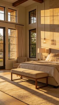 Vertical video: Framing bed and bench sun streaming via windows camera panning revealing paneling