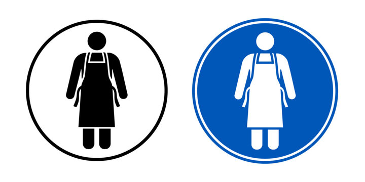 Protective apron mandatory sign icon with protective clothing symbol. Solid black and blue colored Required PPE signage for chemical handling, medical laboratory and industrial safety