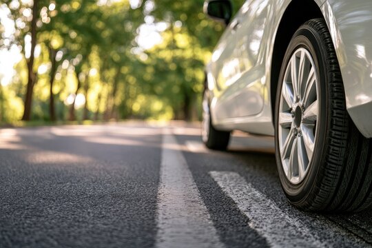 White car's front wheel on an asphalt road with sunlit trees lining the path