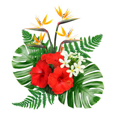 Tropical floral composition with red hibiscus, strelitzia and plumeria flowers on white background © New Africa