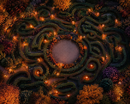 Aerial view of garden hedge maze with glowing jack o lantern pumpkins at night for Halloween themed festival celebration outdoor design backgrounds.