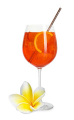 Tasty refreshing cocktail and plumeria flower on white background © New Africa