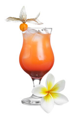 Refreshing cocktail and plumeria flower on white background © New Africa
