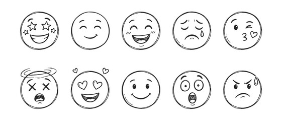 Fototapeta premium Hand drawn emoji face doodle icon set showing happy, sad, smiling and expressive emotions for modern designs.