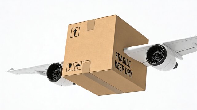 Cardboard box with fragile and keep dry labels flying with airplane wings and engines, concept of air cargo delivery
