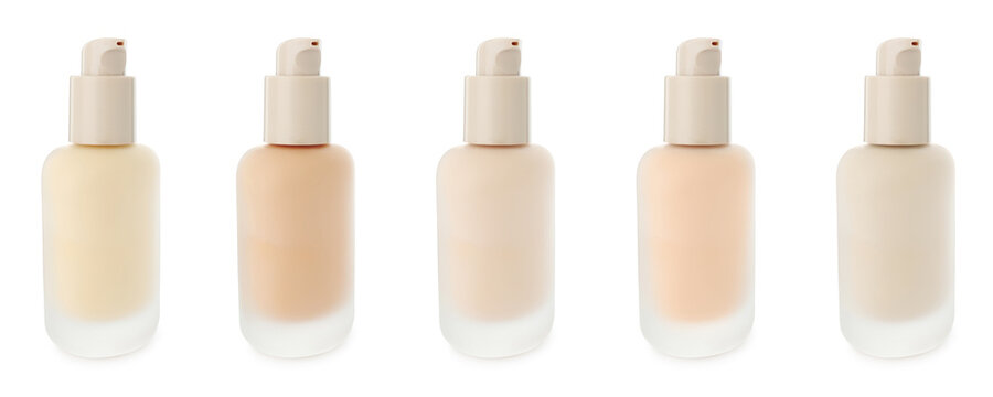 Liquid foundation in various shades isolated on white, set. Makeup product