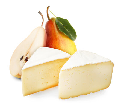 Fresh pears and camembert cheese isolated on white. Flavor combination