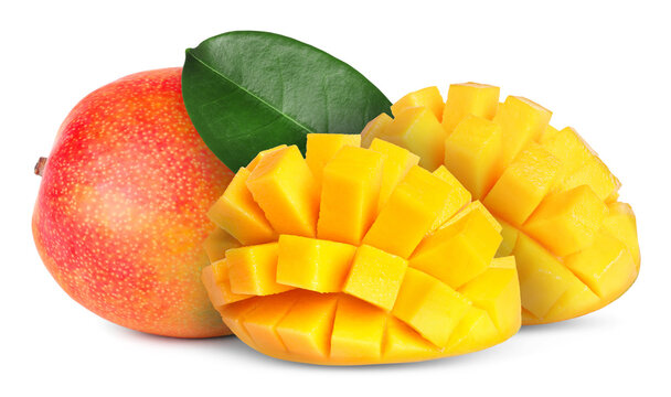 Sweet mango fruits isolated on white. Whole and cut