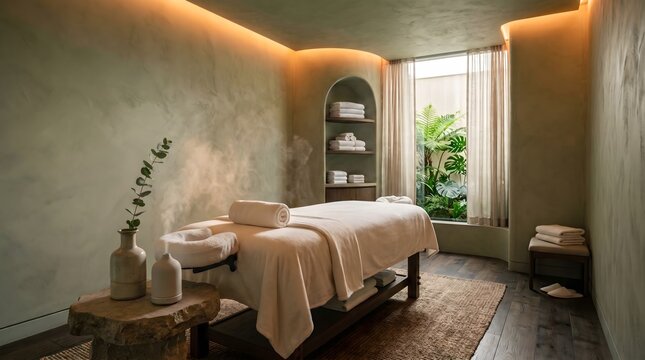 Tranquil Luxury Spa Treatment Room with Massage Bed, Steam, and Tropical Garden View