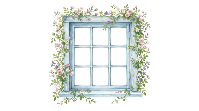 Watercolor illustration of a rustic blue window frame with climbing flowers isolated on transparent background
