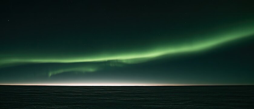 Green aurora borealis dances over dark ocean and glowing horizon