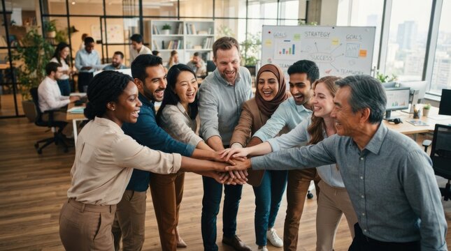 Diverse Business Team Joining Hands Together in Modern Office Celebrating Teamwork and Success