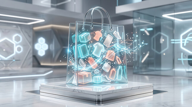 Transparent shopping bag filled with colorful 3d objects in a modern digital space