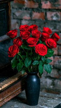 Red roses bouquet in black vase near vintage piano