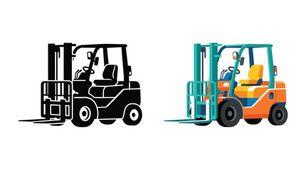 Forklift truck illustration with a colored and silhouette version on white background © Kaium