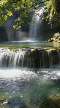 Vertical video: Pulling by gravity, fall flowing into turquoise pool in gorge, making mist