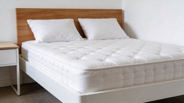 Comfortable White Mattress on a Modern Bed Frame with Wooden Headboard and Pillows, Bedroom Interior Design, Cozy Home Decor