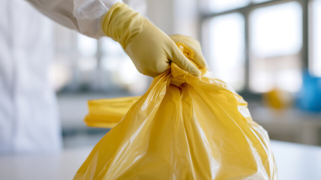 A person in protective gear and yellow rubber gloves tie a hazardous waste bag inside a modern laboratory facility with bright lighting