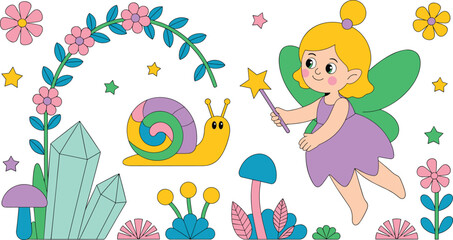 Fototapeta premium Fairy flat vector illustration in garden. Cute magical character flies with wand near colorful snail, crystals, flowers, stars and whimsical mushrooms.