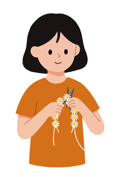 Cute girl making a daisy chain flower crown, charming hand-drawn vector illustration in flat style with warm orange shirt, soft palette, joyful childhood hobby clipart for crafts projects