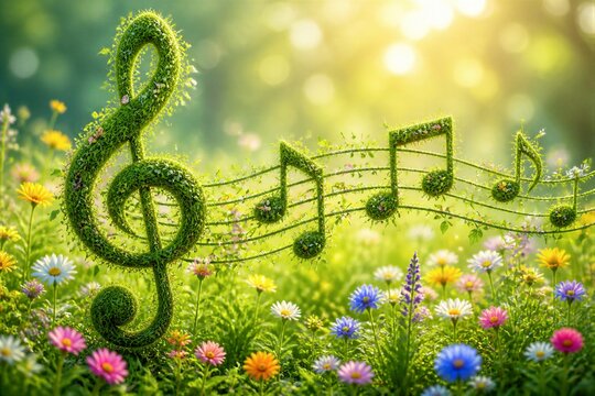 Treble clef formed from grass floating over wildflower meadow