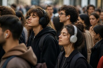 Fototapeta premium Young people listening to music in crowded city street during commute