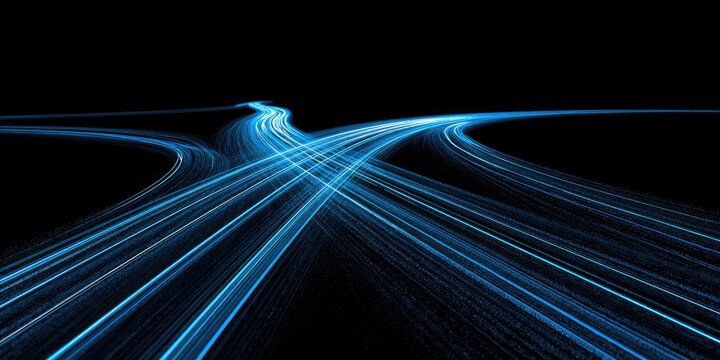 Streaks of blue light converge and diverge against a black void