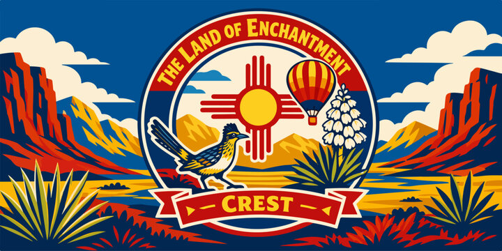 Land of Enchantment Crest Vector With Zia Sun, Roadrunner, Yucca Flower, Hot Air Balloon and Desert Mountains Creating a Colorful New Mexico Heritage Travel Emblem Design