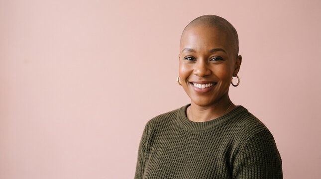 Smiling bald Black woman with hoop earrings wearing a green sweater against a pink background